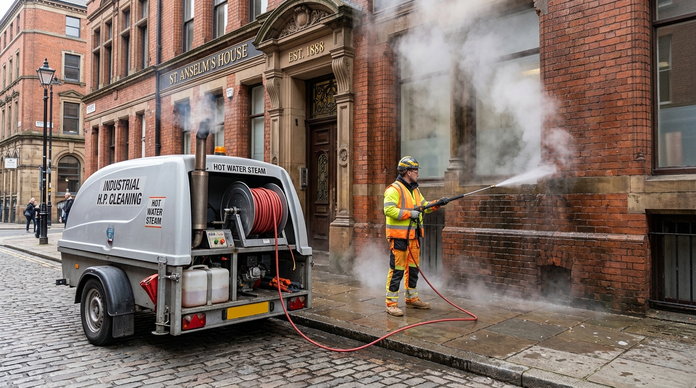 Professional high-pressure unit cleaning building facade with hot water steam